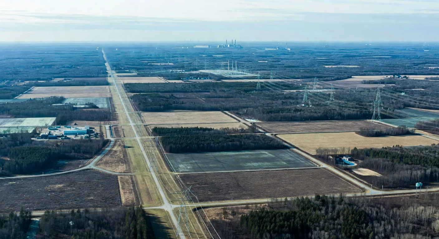Transmission corridor over Ontario industrial landscape